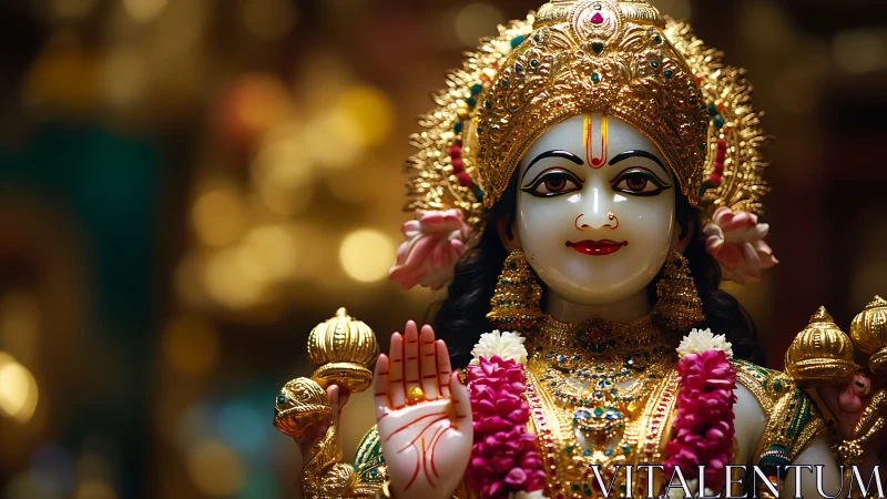 Gilded Hindu deity statue holds blessings in warm temple light