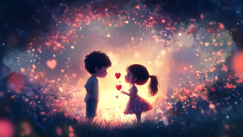 Two Children Share Love Under Glowing Hearts of Light