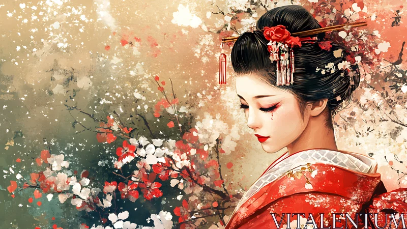 Geisha portrait with floral kimono in painterly setting.