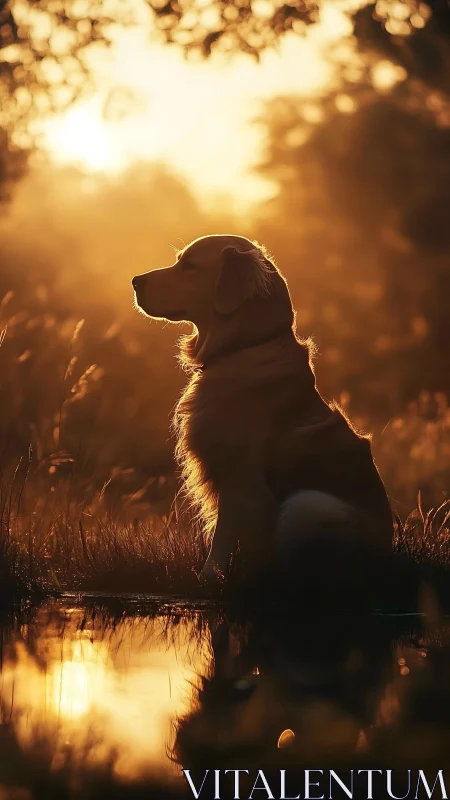 Golden retriever haloed by molten sunset at quiet pond.