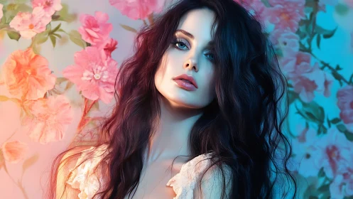 Digital painting portrait with floral bokeh and dual lighting.