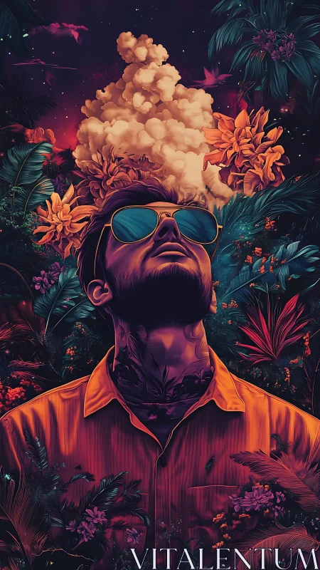 Neon jungle dreamer gazes upward into surreal cosmic bloom