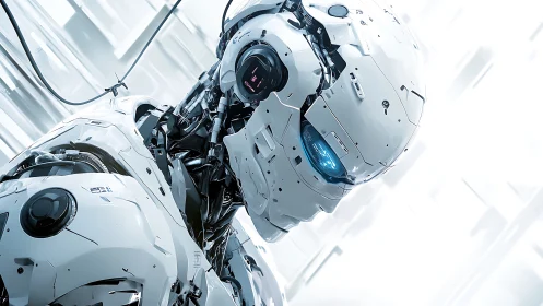 White humanoid robot in high-tech laboratory environment.