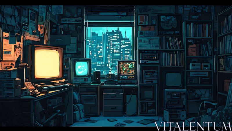 Retro computer haven glows softly against the city night