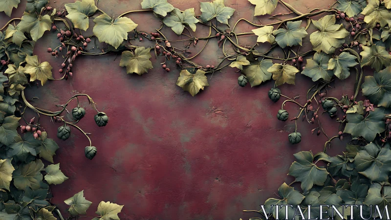 Verdant vines gently frame a weathered red backdrop