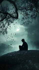 Silhouette of seated figure under moonlit sky with trees