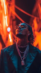 Neon-lit urban icon gazes skyward in blazing night color.