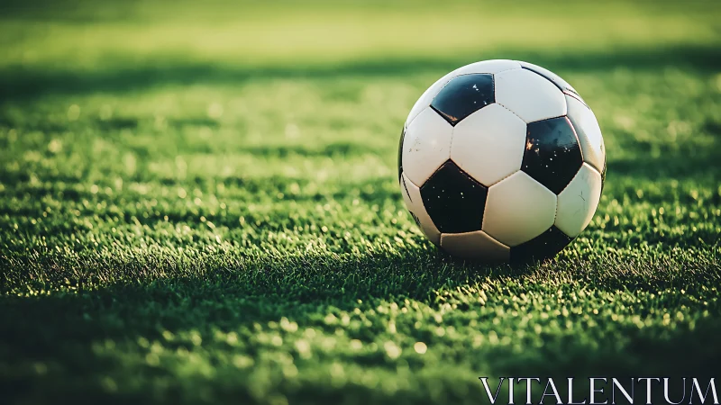 Classic truncated icosahedron football on sunlit turf field.