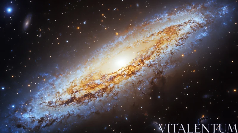 Spiral galaxy core glows through dense dust lanes.