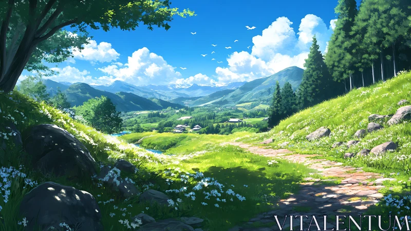 Sunlit mountain valley path curves through bright spring meadow