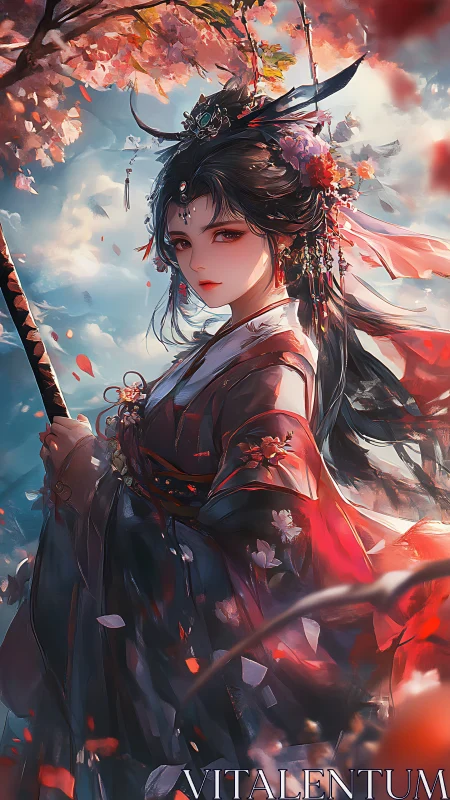 Elegant blossom warrior standing beneath drifting petals.