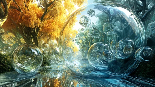 Translucent glass spheres distort a bifurcated luminous forestscape