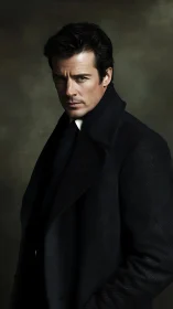 Brooding man in dark overcoat under soft studio lighting.