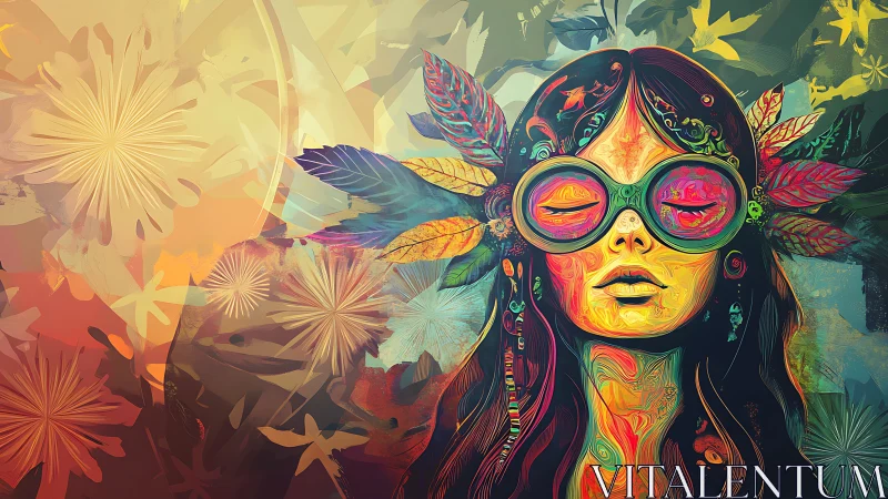 Psychedelic woman in goggles amid abstract floral bloom.