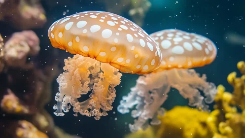Spotted jellyfish drift in a serene, sunlit underwater realm