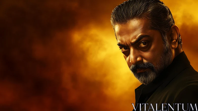 Intense bearded man against blazing golden smoke backdrop.