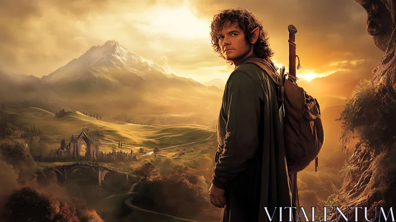 Elf traveler overlooking misty valley and ruined citadel.