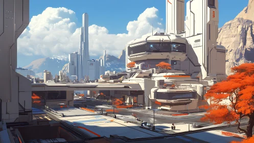 Futuristic Urban Cityscape with Mountain Vista.
