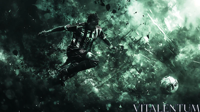 Soccer striker lunges through abstract green energy field