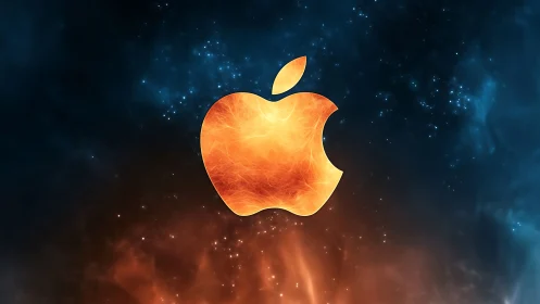 Glowing orange apple emblem on cosmic blue fire background.