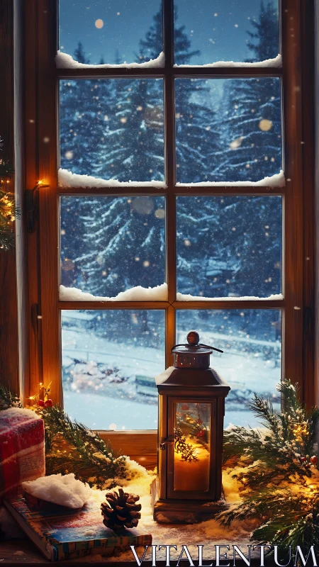 Lantern glow and snowfall hush beyond a storybook window.