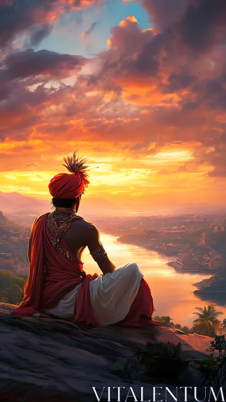 Regal figure overlooks river city beneath blazing sunset sky.