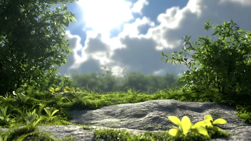 3D sunlit forest clearing with low-angle botanical framing.