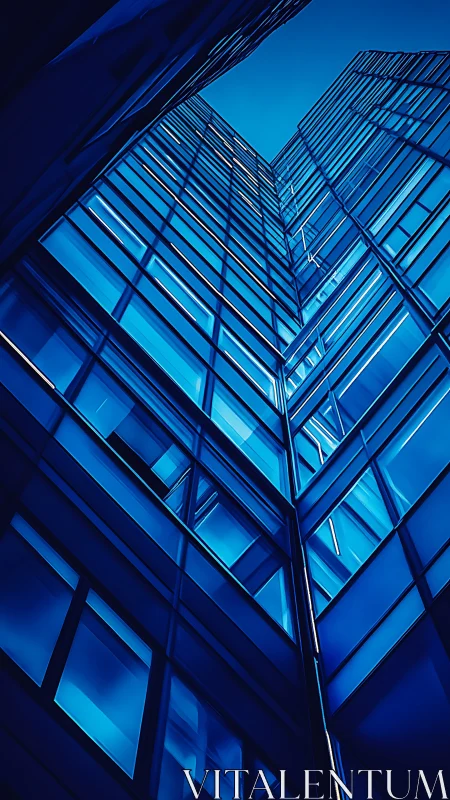 Glass office towers rise sharply with deep blue reflections