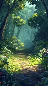 Enchanted Forest Pathway: Luminous Canopy and Verdant Undergrowth.