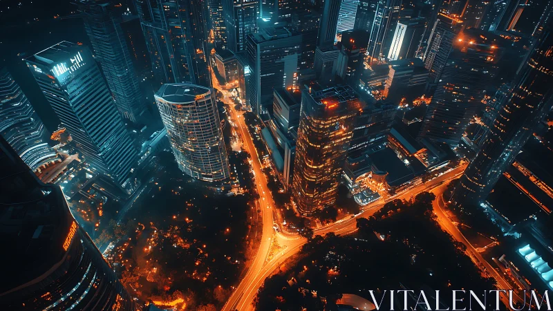 Neon-lit highrise corridor defines bifurcated traffic flows at night