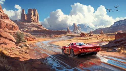 Red endurance sports car accelerates across wet desert canyon road
