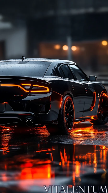 Midnight muscle car ignites neon-soaked rain street glow.