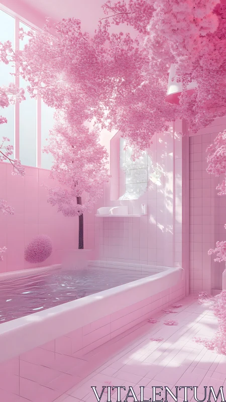 Render depicts tiled bathroom with integrated pink foliage forms