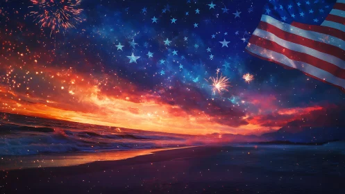 Patriotic shoreline sunset with fireworks and US flag overlay.