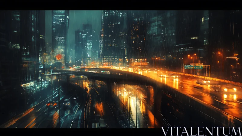 Neon rainstorm over molten highways in restless cybercity.