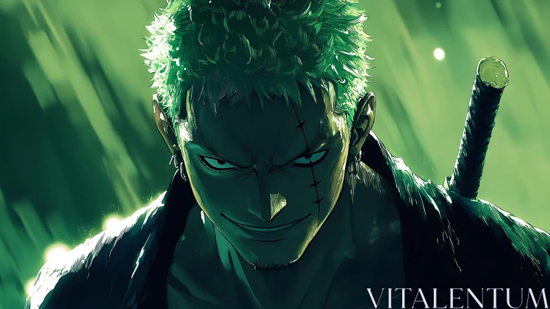 Green-haired swordsman in intense green dramatic lighting.