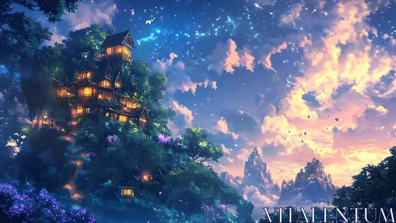 Multi-level treehouse in illuminated twilight landscape.