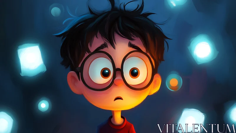 Wide-eyed cartoon boy amid luminescent floating data orbs.