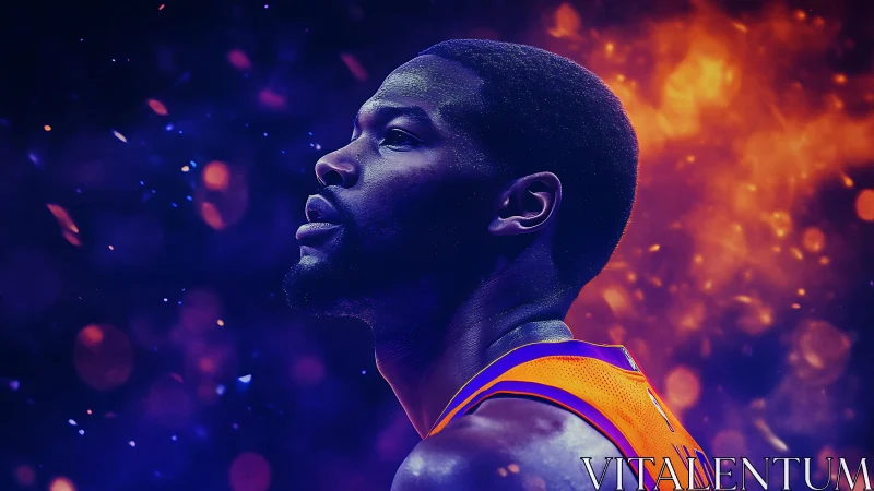 Neon-lit basketball portrait isolates athlete in fiery bokeh glow