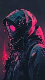 Hooded cybernetic scout in neon magenta rim light with respirator mask