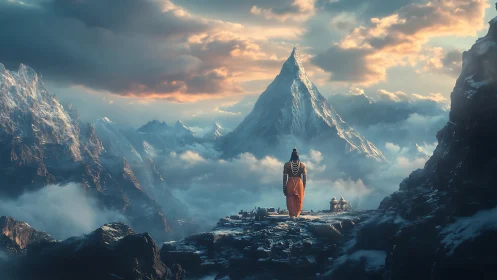 Solitary ascetic facing glacial mountain peak at sunrise