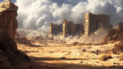 Ruined desert citadel under storm-burdened clouds.