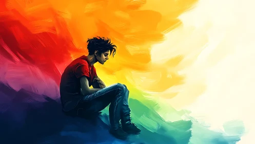 Solitary figure reflects amid swirling rainbow lightscape.