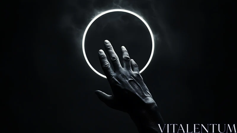 Chromatic hand reaching toward luminant circular halo ring.