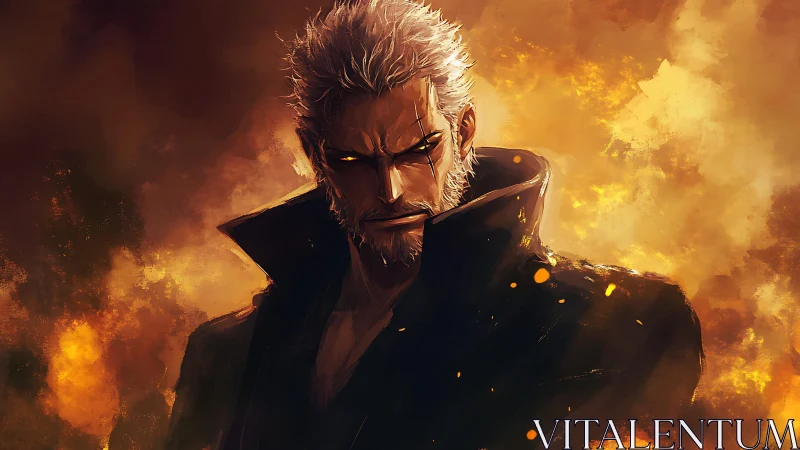 Brooding silver‑haired antihero within blazing inferno backdrop.