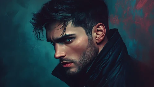 Brooding midnight gaze wrapped in stormy teal shadows.