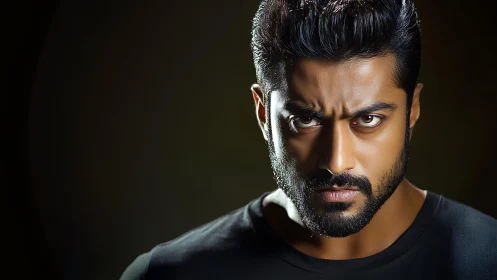 Close portrait of bearded man under dramatic studio lighting.