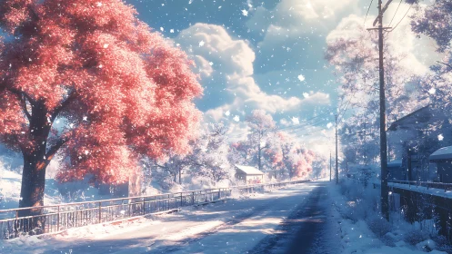 Winter sun teases candy-pink trees along a quiet road