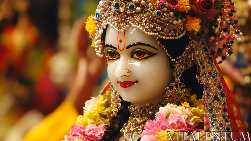 Devotional deity statue glows amid vivid floral adornments