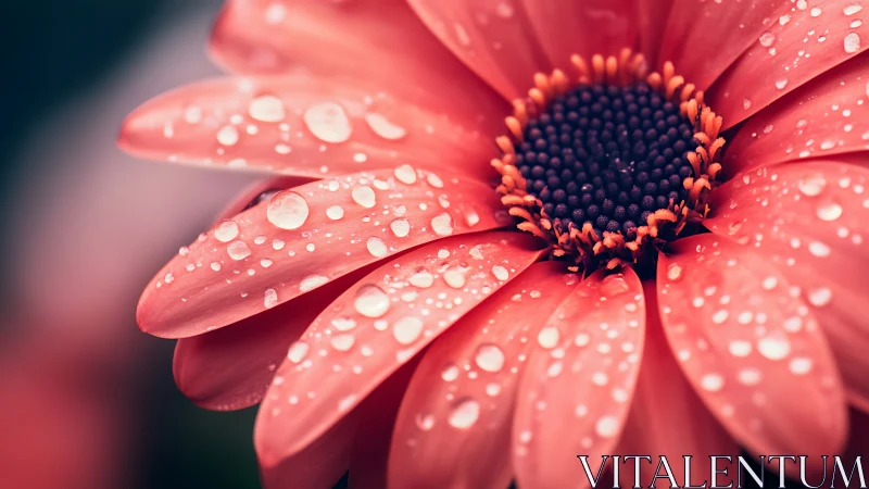 Coral Gerbera Daisy with Dew Droplets and Orange Stamens.